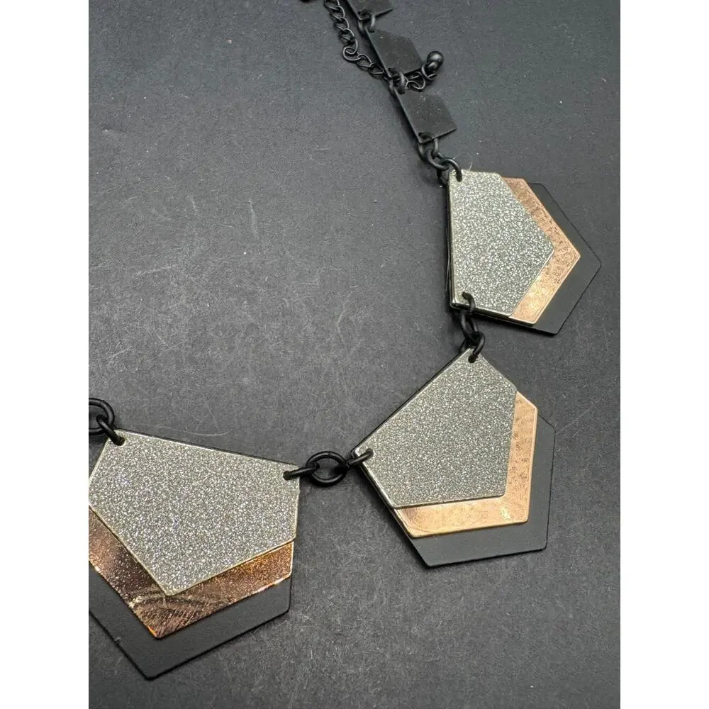 Express Signed Silver Glitter Black and Gold Geometric Statement Necklace